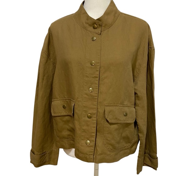 Nicole Miller Linen Jacket NEW Tan Utility Mandarin Collar Snap Button Size L - Picture 1 of 14